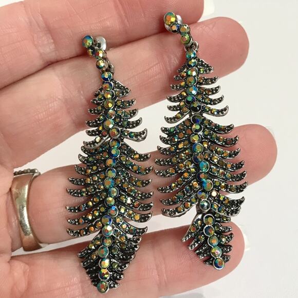 Silver Tone Articulated AB Blue Rhinestone Dangle Feather Earrings Pierced Long - Picture 9 of 9